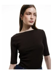 Koton Drape Detailed Cotton Short Sleeve Round Ballerina Neck T-Shirt