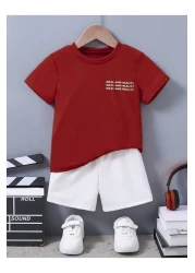 CLAYES Cotton Kids Set - Red T-shirt and White Shorts, Crew Neck, Ideal Printed
