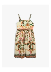 Koton Viscose Fabric - Floral Patterned Square Collar Strap Dress