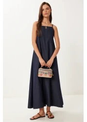 Happiness İstanbul Women's Dark Navy Blue Strap Summer Denim Dress Mx00200