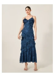 Styli Self Design Ruffle Detail Strappy A-Line Maxi Dress