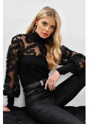 Cool & Sexy بلوزة نسائية ذات أكمام سوداء من التول وكشكشة BK894