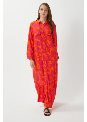Ritnice Modest Women Garden 100% Viscose Orange Front Button Long Dress