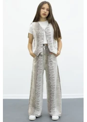 Cansın Mini Girl's 2-Piece Suit with Coffee Buttoned Vest and Wide-Leg Belted Trousers 21014