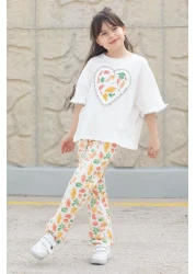 Cansın Mini Ecru Leaf Patterned Trousers Oversize T-Shirt Girl Set 20228