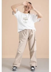Cansın Mini Beige Girls' T-Shirt and Cargo Pocket Pants 2-Piece Set 20396