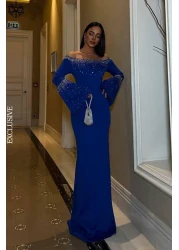 Mossta Saks Blue Spanish Sleeves Scuba Evening Dress - Stone Detail
