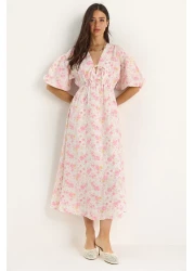 Bianco Lucci Women's Floral Patterned Elastic Waist Balloon Sleeve Lined Muslin Dress 3057 60283403