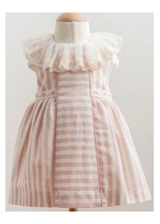 Tongs Baby Elegant Striped Baby Girl Dress - Powder Color Lace Detailed 100% Cotton