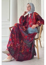 InStyle فستان فيسكوز أحمر بنمط عرقي بوهيمي