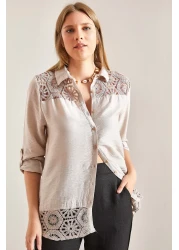 Bianco Lucci Women's Lace Patterned Sleeve Folded Shirt