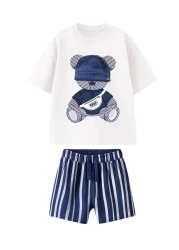 Monila Boy's Hat Detailed Teddy Bear Printed Cotton Tshirt Shorts Bottom Top Set