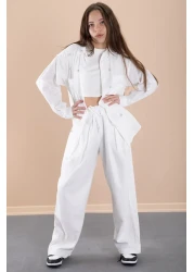 Cansın Mini White Girl's Croplu Stone Shirt and Pants 3 Piece Set 20468