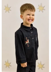 Fahhar Kids Navy Blue Denim Shirt Set