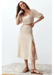 Trendyol Collection Beige Viscose Midi Blouse and Skirt Set - Slit Detail, Polka Dot Twoss20Au0097
