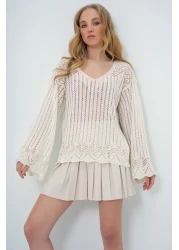 Trend Alaçatı Stili Women's Vanilla Boat Neck Openwork Summer Knitwear Blouse ALC-X10640
