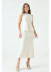 vuvutasarım High Waist Midi Length Sleeveless Stretchy Knitwear Set - Buttoned Vest, Ecru 5155