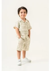 Magu Boys 100% Linen Summer Two-Piece Suit – Palm Print Short Sleeve Shirt & Elastic Waist