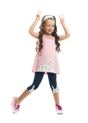 Denokids Pink Navy Blue Rabbit Patterned Summer T-shirt and Leggings Set for Girls