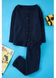 TRENDYOLKIDS Navy Blue Boy's Plain Knitted Top and Bottom Set Tkdaw25Au00097