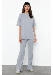 Trendyol Collection Gray Oversize Cotton T-shirt and Trousers Set - Spanish Leg 100% Cotton TWOSS24AU00059