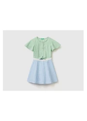 United Colors of Benetton Girl's Mix Front Window Color Block Vichy Poplin Dress Green-tan
