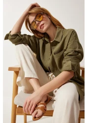 Happiness İstanbul Women's Khaki Oversize Muslin Shirt with Pockets MX00150