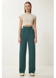 Happiness İstanbul Women's Emerald Green Velcro Waist Comfortable Woven Trousers RV00150