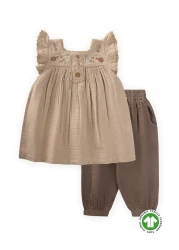 Cigit Embroidered Organic Muslin Shalwar Suit 1-7 Years Beige