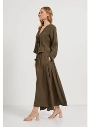 Arma Life Women's Elastic Wrinkled Summer Khaki Long Flared Skirt