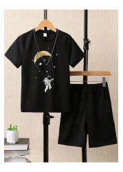 CLAYES Black Astronaut Printed Children's T-shirt and Shorts Set - Boys and Girls Crew Neck Summer Set