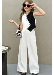 Riccotarz Girl Asymmetrical Cut Double Color Vest Palazzo Pants Bottom Top Set