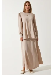 Happiness İstanbul Women's Cream Tunic Skirt Knitted Set DD01317