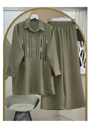Modamorfo Sofia Linen Suit with Button Front Sequined Trousers -Khaki