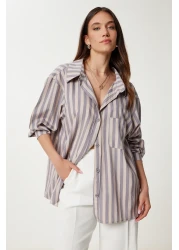 Happiness İstanbul Women's Gray Striped Flowy Viscose Shirt Us00966