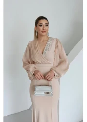 1Moda1Tarz Women's Imported Scuba Crepe Fabric Sleeves and Chest Chiffon Stone Processing Lined Special Design Dress
