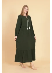 mervemoda فستان نسائي كاكي بأكمام طويلة وطول كامل منسوج باللون العنابي
