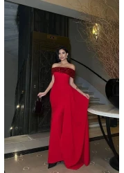 Mossta Off-The-Shoulder Sequined Long Evening Dress - Red