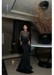 Mossta Tulle Detailed Stone Embroidered Long Evening Dress - Black