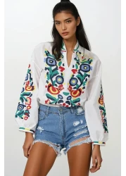 Trend Alaçatı Stili Women's White Full Neon Embroidered Poplin Woven Blouse ALC-X11926