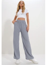 Trend Alaçatı Stili Gray High Waist Elastic Wide Leg Women's Trousers - Alc-X12712