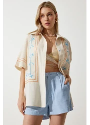 Happiness İstanbul Women's Cream Embroidered Linen Shirt RG00039