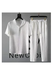 NewCabin Summer Unisex T-Shirt and Sweatpants Set - New Season, Wrapped Crinkle Fabric, Lycra, Short Sleeve