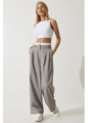 Happiness İstanbul Women's Gray Contrast Waist Detailed Striped Woven Trousers CI00104