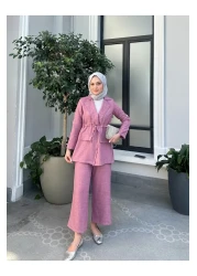VOLT CLOTHİNG Women's Waist Drawstring Linen Jacket Pants Set