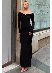 Swist Black Zico Draped Madonna Collar Slit Women's Midi Dress