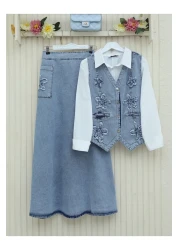Modamorfo Patterned Skirt Elastic Waist Vest Skirt Denim Set - Ice Blue