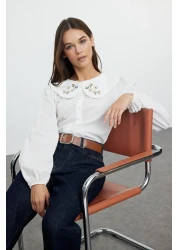 Trendyol Collection Ecru Cotton Woven Shirt - Embroidery Detailed Collar, Regular Fit TWOSS23GO00009