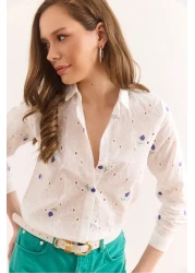 Olalook Women's White Purple Color Floral Cotton Scallop Shirt Gml-19001326
