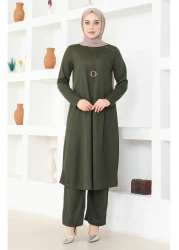 sefamerve Khaki Necklace Tunic and Trousers Set - 0580-04